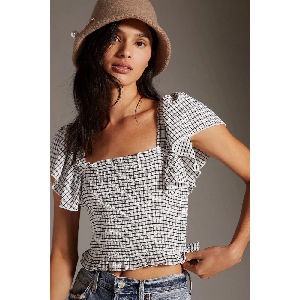 Maeve by Anthropologie Crinkle Gingham Smocked Top Size XS Black White